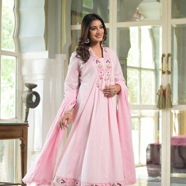 Elegant Pure Cotton Anarkali Dress Set with Dupatta & Pant Pink