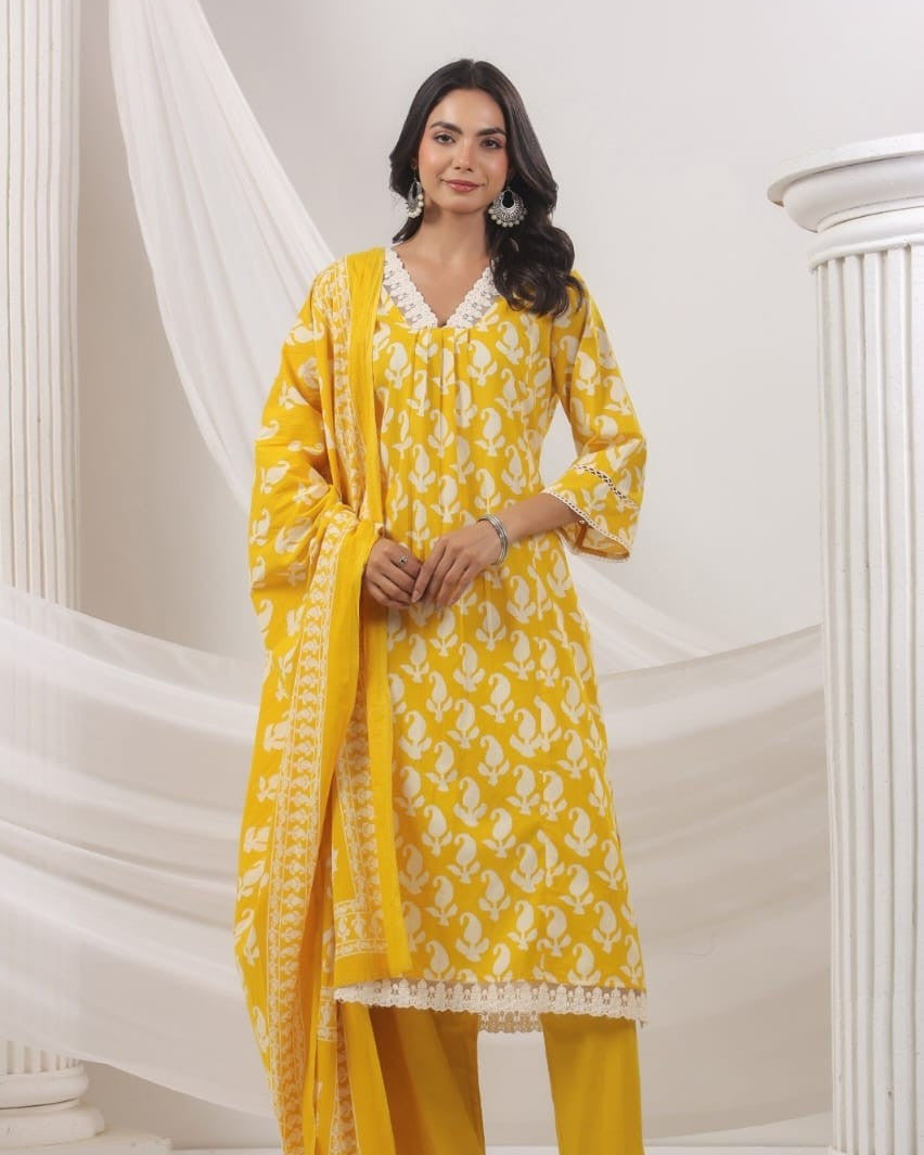 Elegant Pure Cotton Anarkali Dress Set with Dupatta & Pant Yellow
