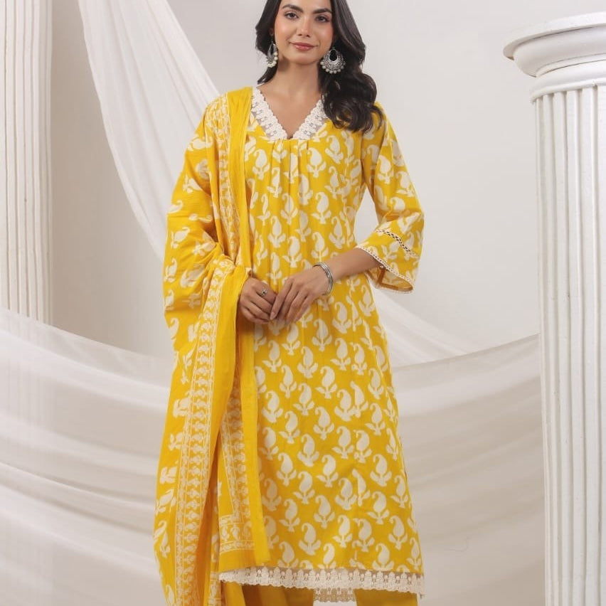Elegant Pure Cotton Anarkali Dress Set with Dupatta & Pant Yellow