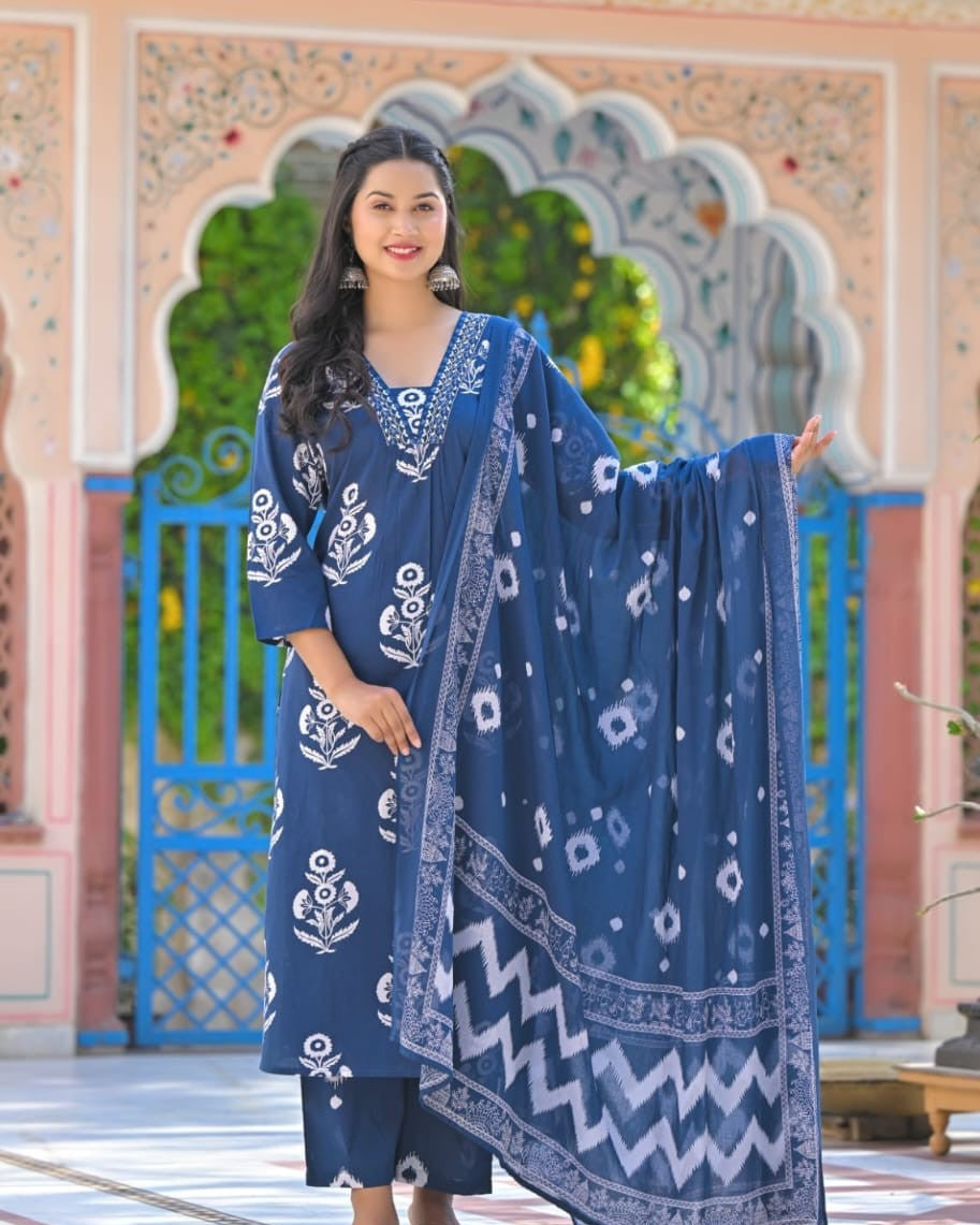 Elegant Pure Cotton Anarkali Dress Set with Dupatta & Pant Blue