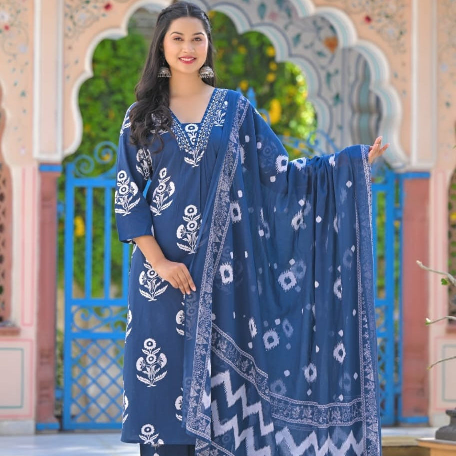 Elegant Pure Cotton Anarkali Dress Set with Dupatta & Pant Blue