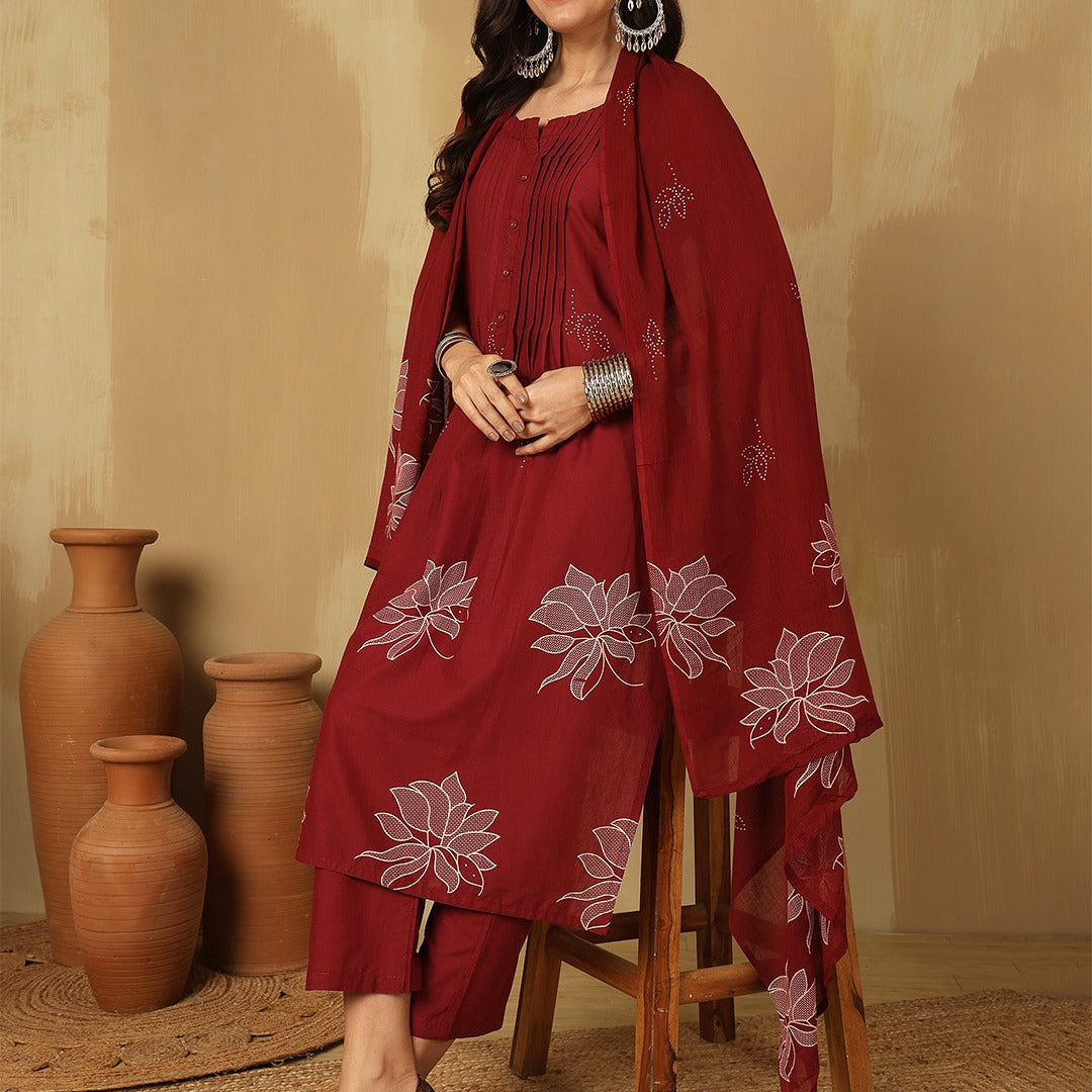 Elegant Pure Cotton Anarkali Dress Set with Dupatta & Pant Red