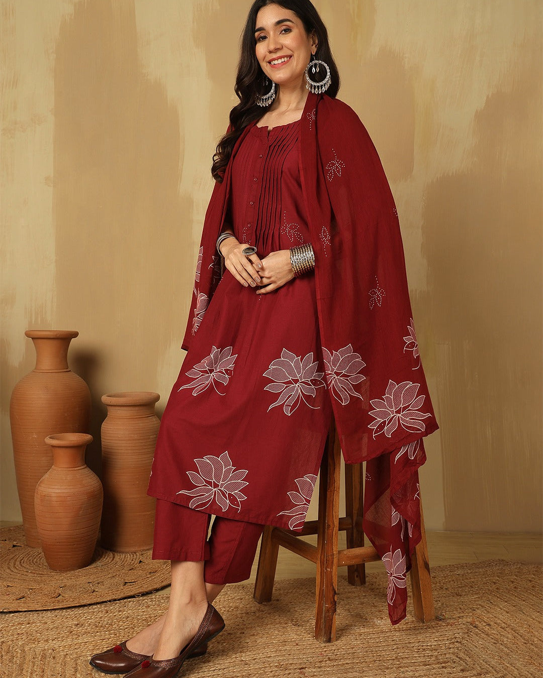 Elegant Pure Cotton Anarkali Dress Set with Dupatta & Pant Red