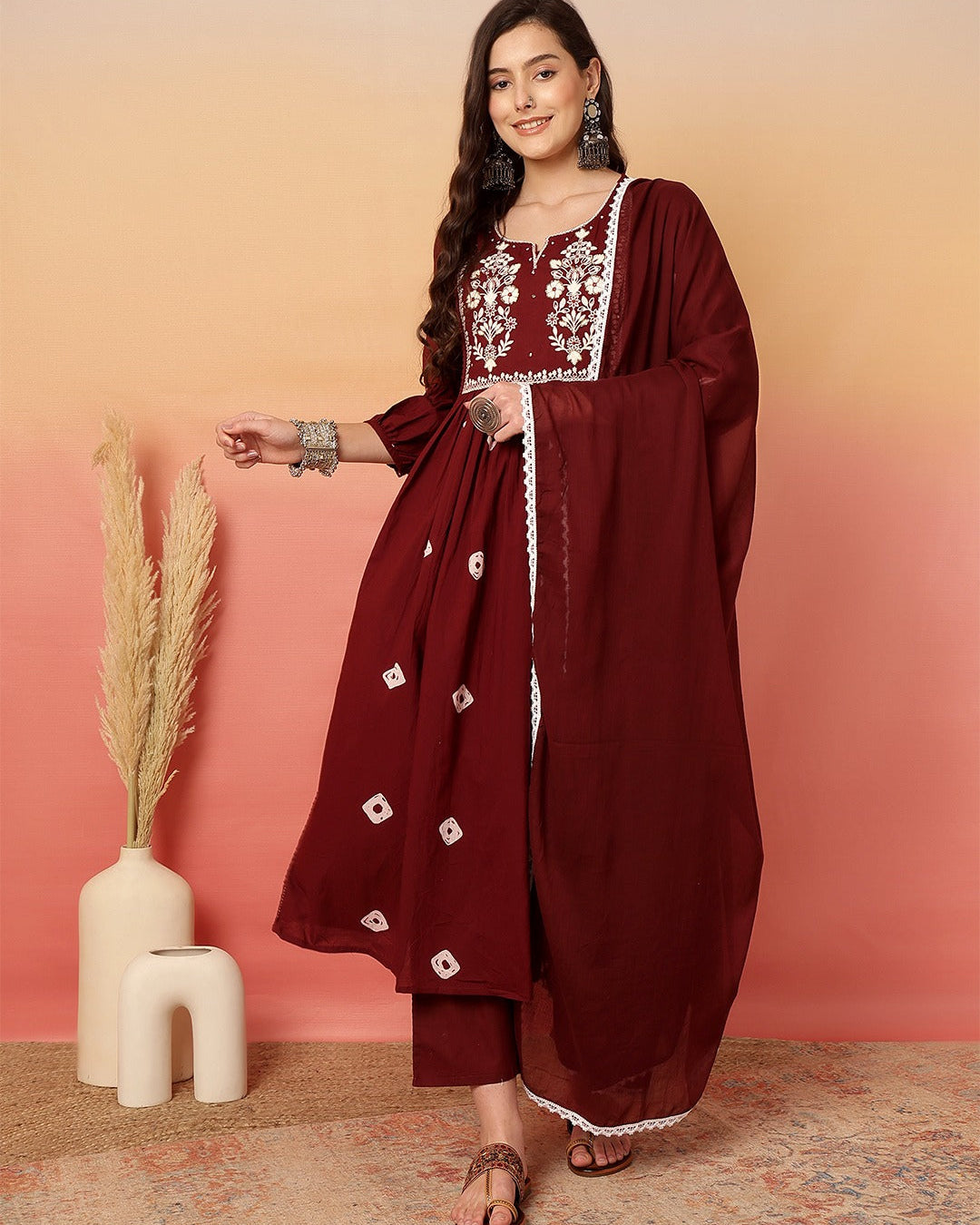 Elegant Pure Cotton Anarkali Dress Set with Dupatta & Pant Red