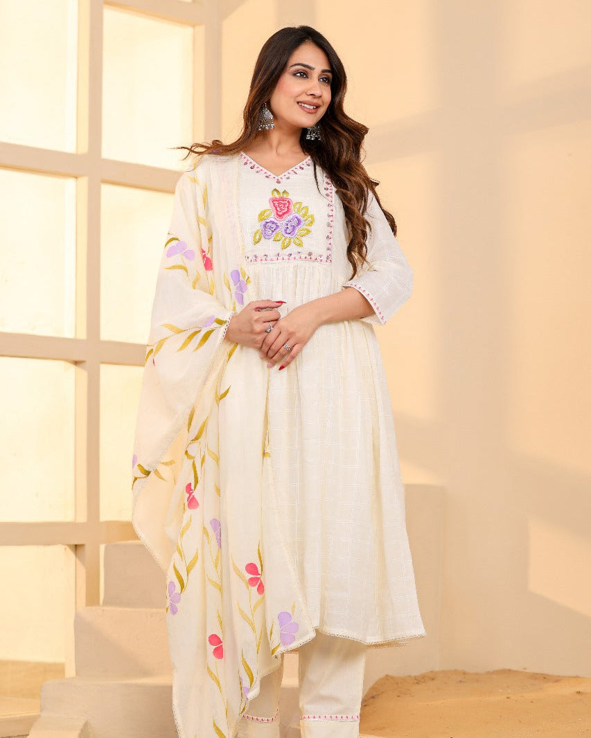 Elegant Pure Cotton Anarkali Dress Set with Dupatta & Pant White