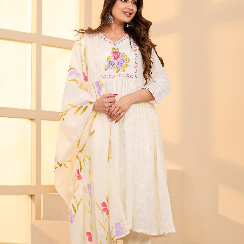 Elegant Pure Cotton Anarkali Dress Set with Dupatta & Pant White