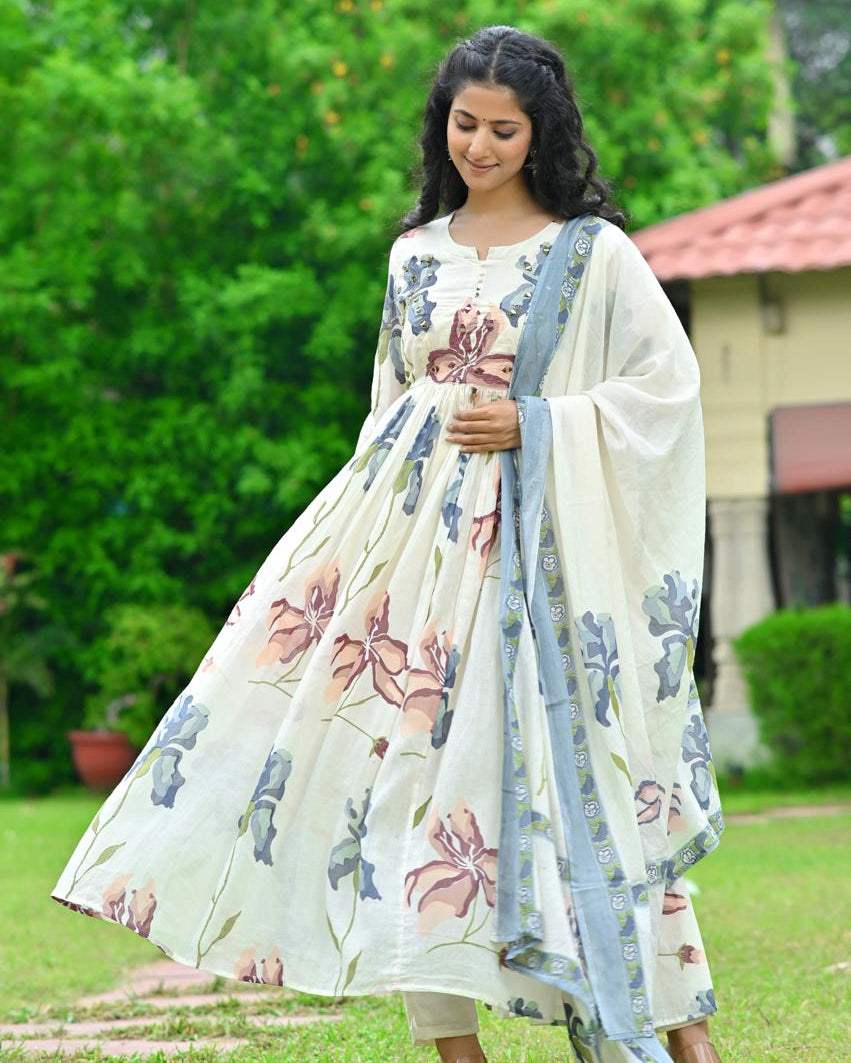 Elegant Pure Cotton Anarkali Dress Set with Dupatta & Pant White