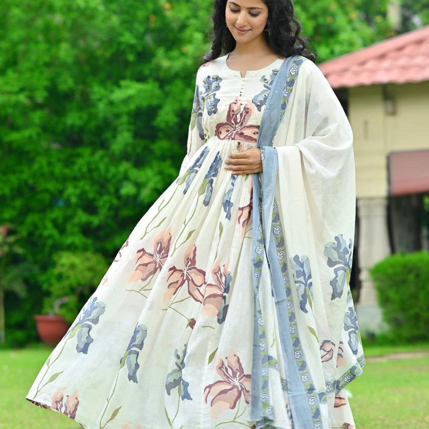 Elegant Pure Cotton Anarkali Dress Set with Dupatta & Pant White