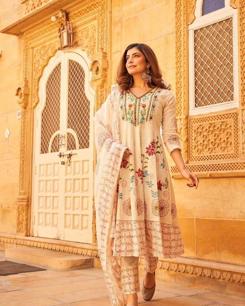 Elegant Pure Cotton Anarkali Dress Set with Dupatta & Pant Multi