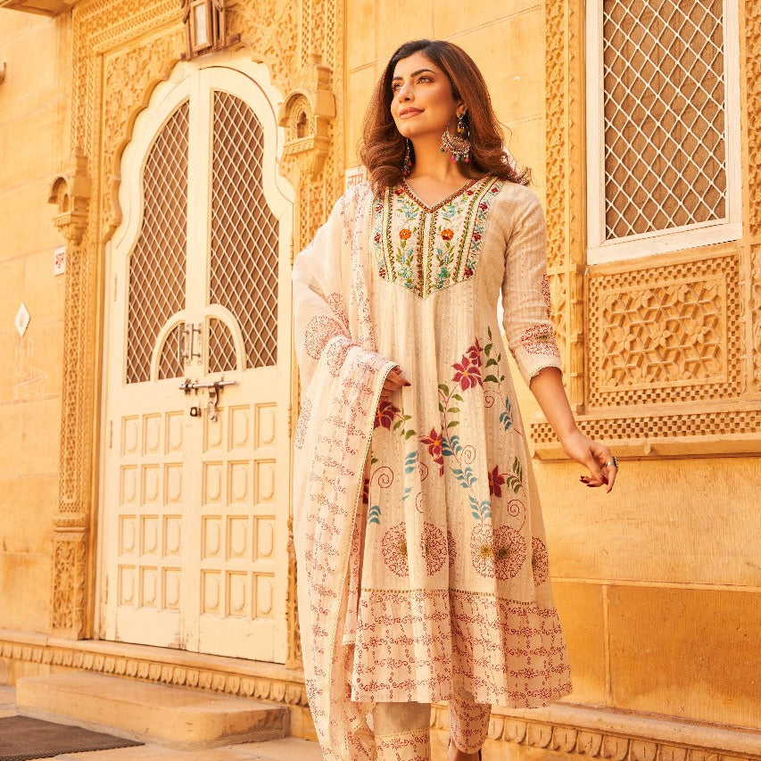Elegant Pure Cotton Anarkali Dress Set with Dupatta & Pant Multi