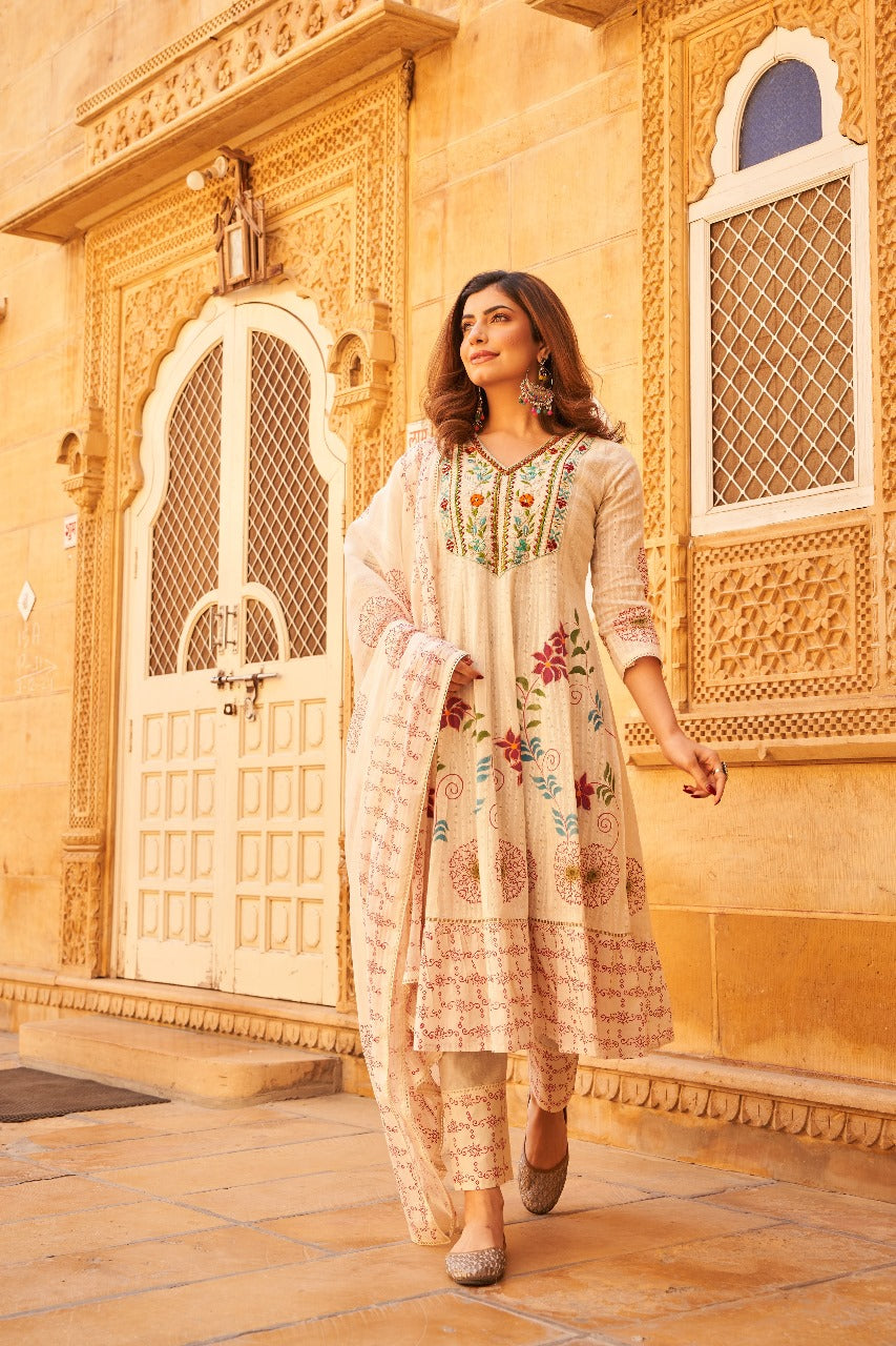 Elegant Pure Cotton Anarkali Dress Set with Dupatta & Pant Multi