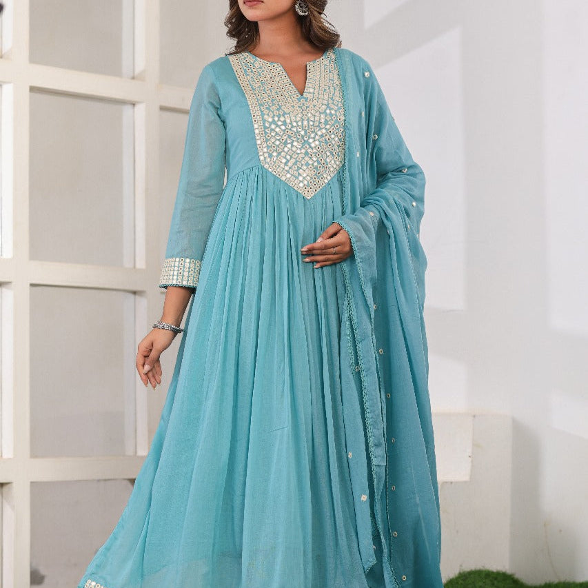 Elegant Pure Cotton Anarkali Dress Set with Dupatta & Pant Sky Blue