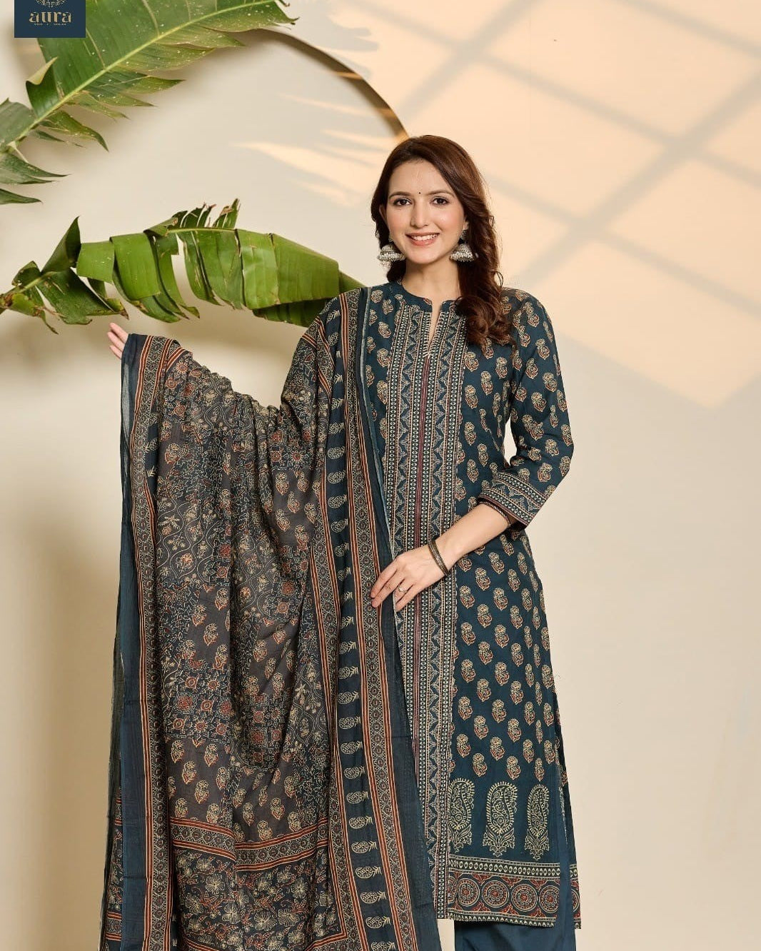 Elegant Pure Cotton Dress with Dupatta & Plazo – Comfortable Ethnic Set Green