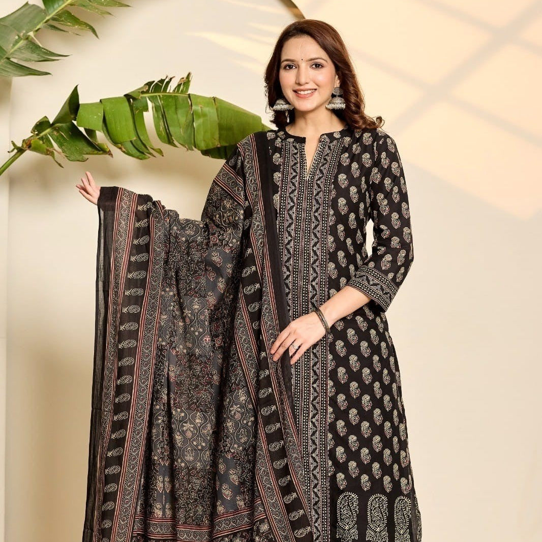Elegant Pure Cotton Dress with Dupatta & Plazo – Comfortable Ethnic Set Black