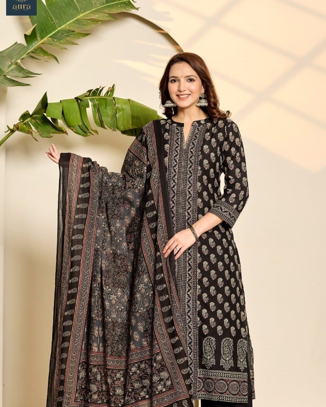 Elegant Pure Cotton Dress with Dupatta & Plazo – Comfortable Ethnic Set Black