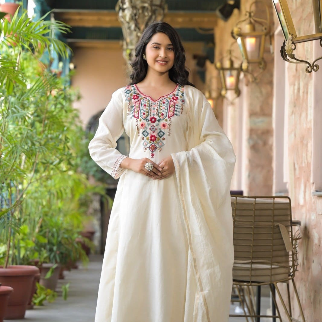 Elegant Pure Cotton Dress Set with Dupatta & Pant – Breathable & Stylish (White)