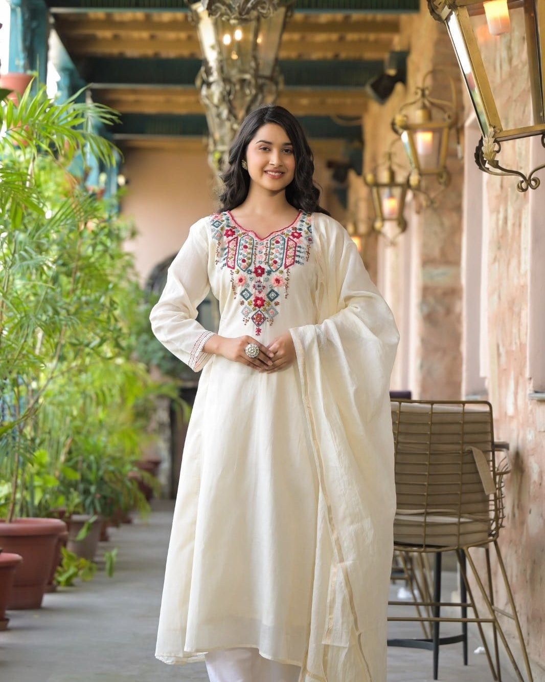 Elegant Pure Cotton Dress Set with Dupatta & Pant – Breathable & Stylish (White)