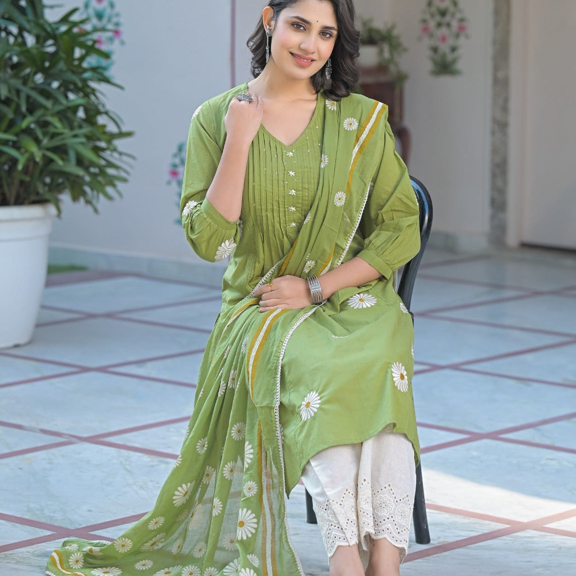Elegant Pure Cotton Anarkali Dress with Dupatta & Palazzo Set Green