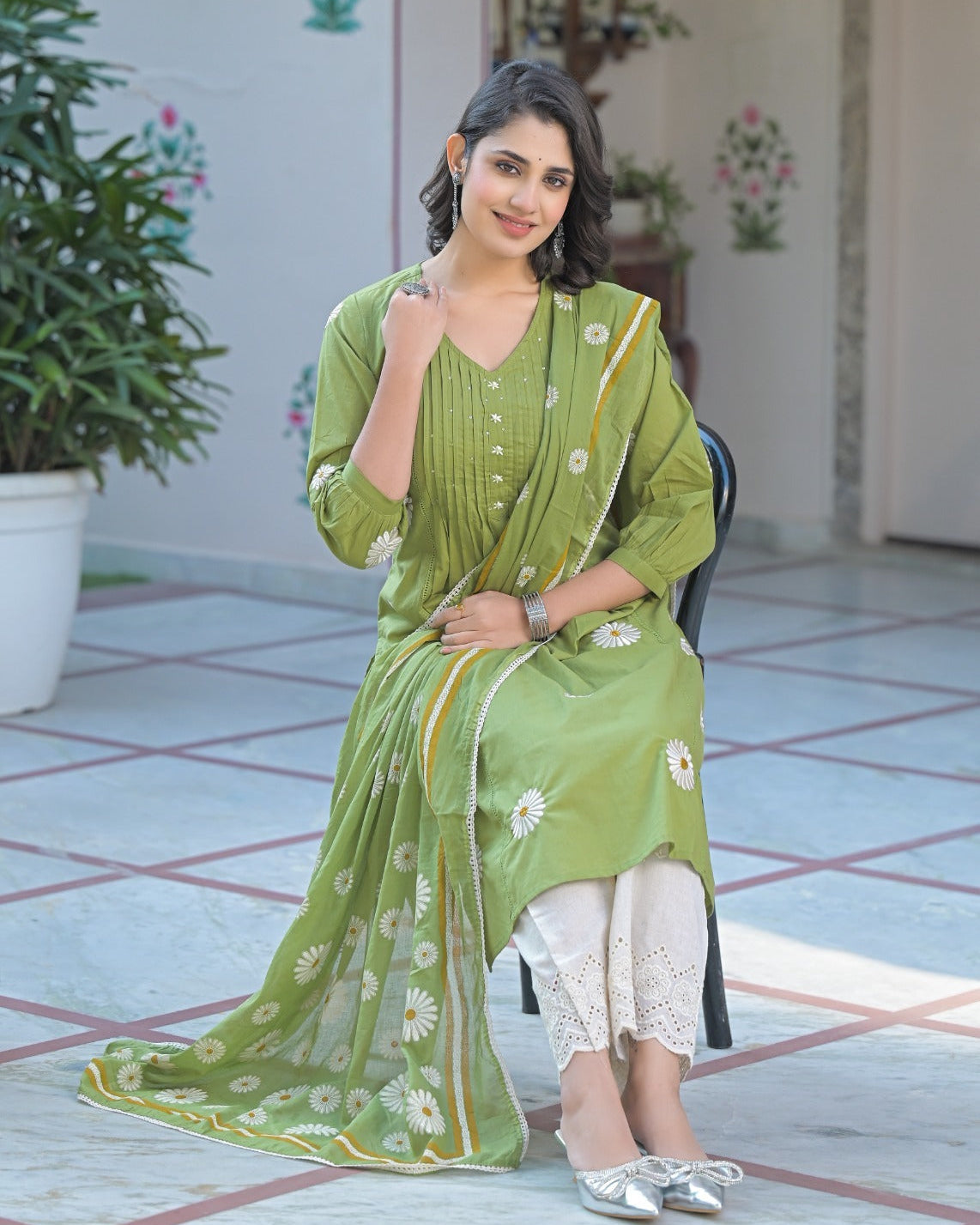 Elegant Pure Cotton Anarkali Dress with Dupatta & Palazzo Set Green