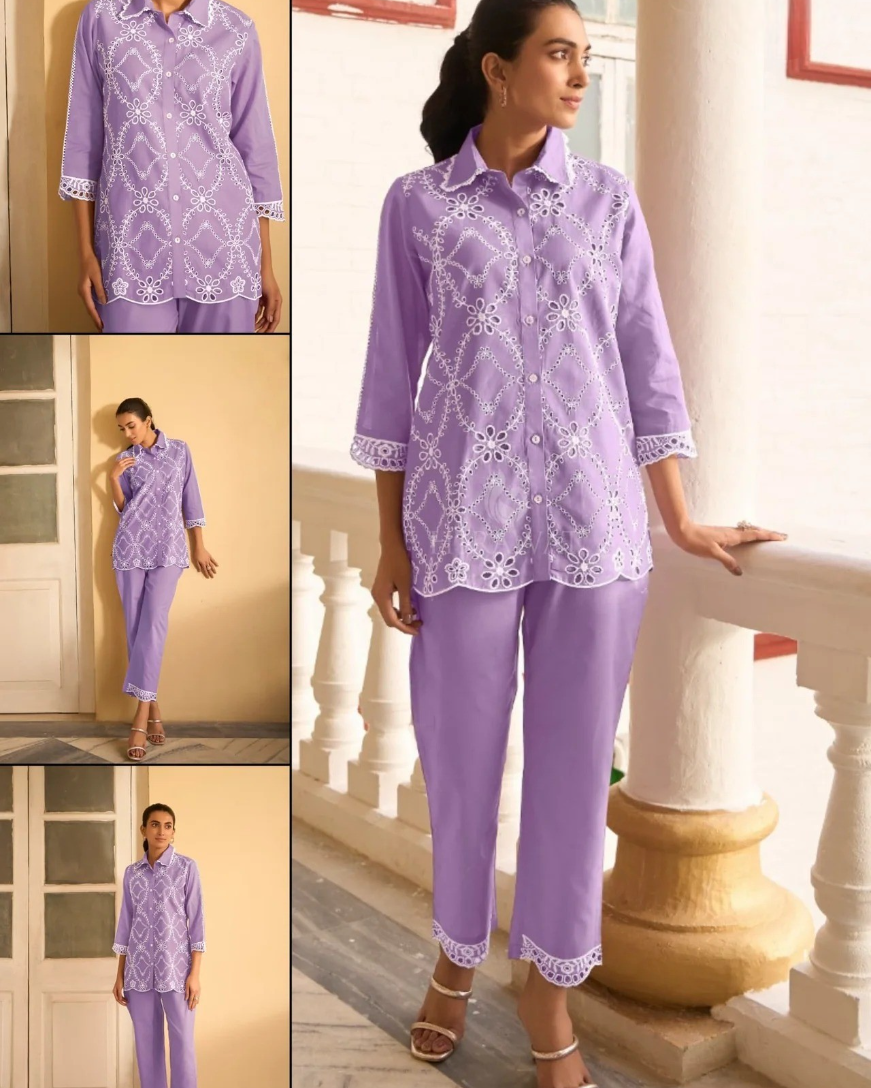 Elegant Pure Mul Cotton Co-ord Set – Breathable, Soft & Stylish (Purple)