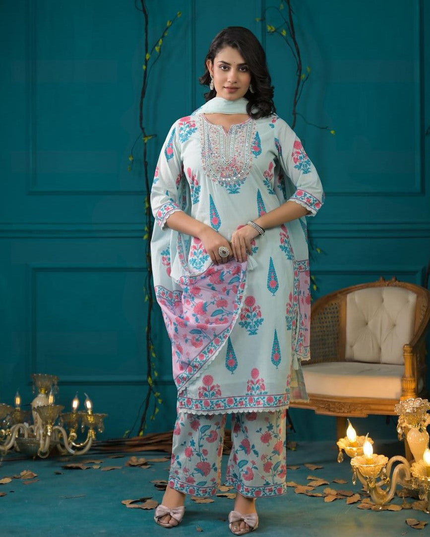 Elegant Pure Cotton Dress with Dupatta & Plazo – Breathable & Stylish Sky Blue