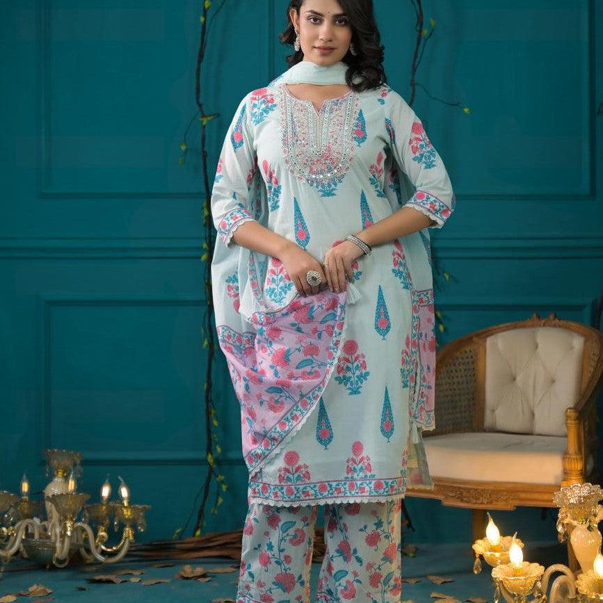 Elegant Pure Cotton Dress with Dupatta & Plazo – Breathable & Stylish Sky Blue