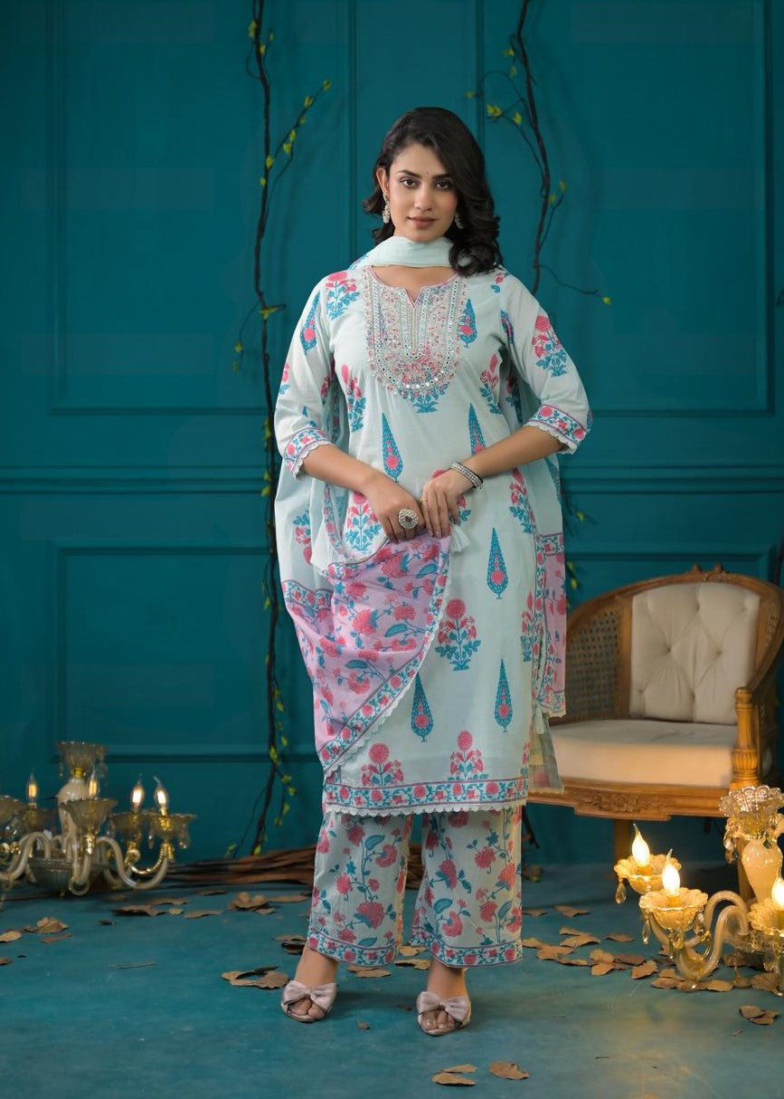 Elegant Pure Cotton Dress with Dupatta & Plazo – Breathable & Stylish Sky Blue