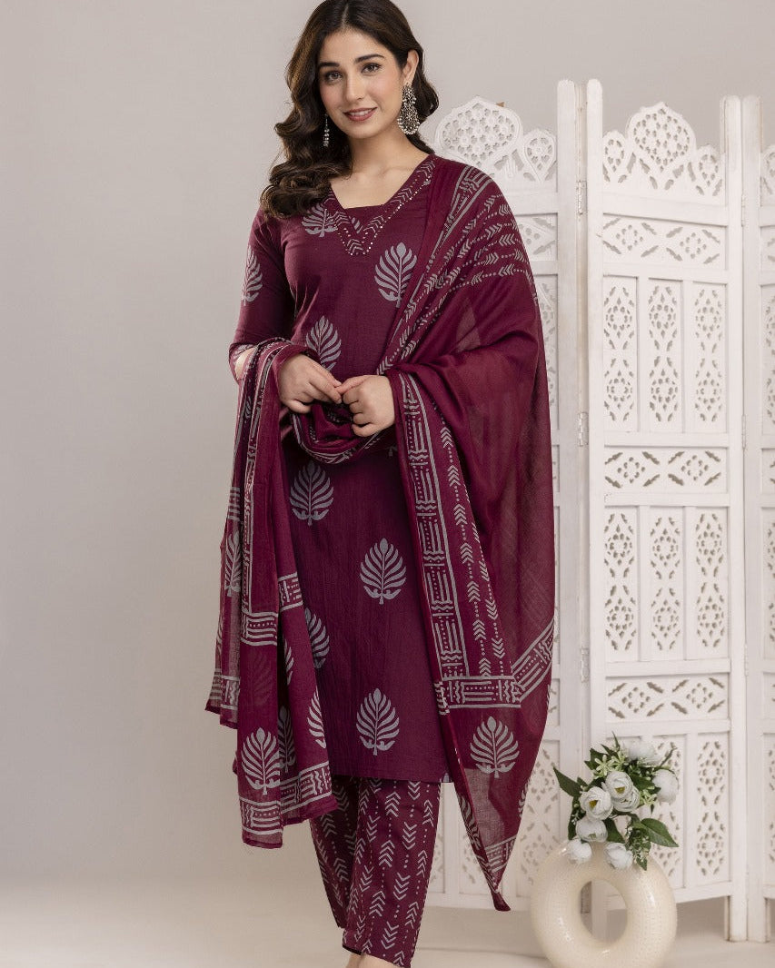 Elegant Pure Cotton Dress Set with Dupatta & Pant – Breathable & Stylish (Red)