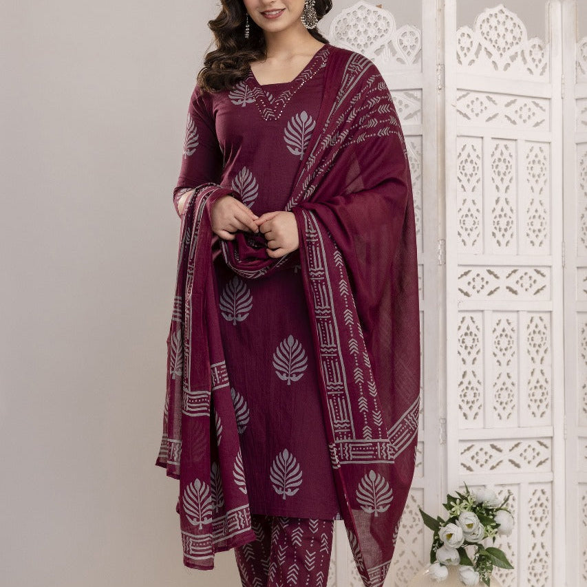 Elegant Pure Cotton Dress Set with Dupatta & Pant – Breathable & Stylish (Red)