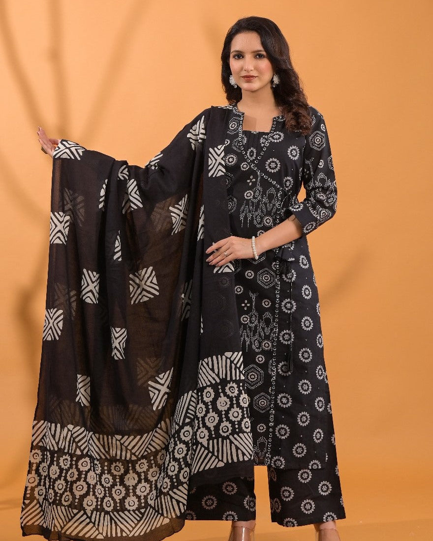 Elegant Pure Cotton Dress Set with Dupatta & Pant – Breathable & Stylish (Black)