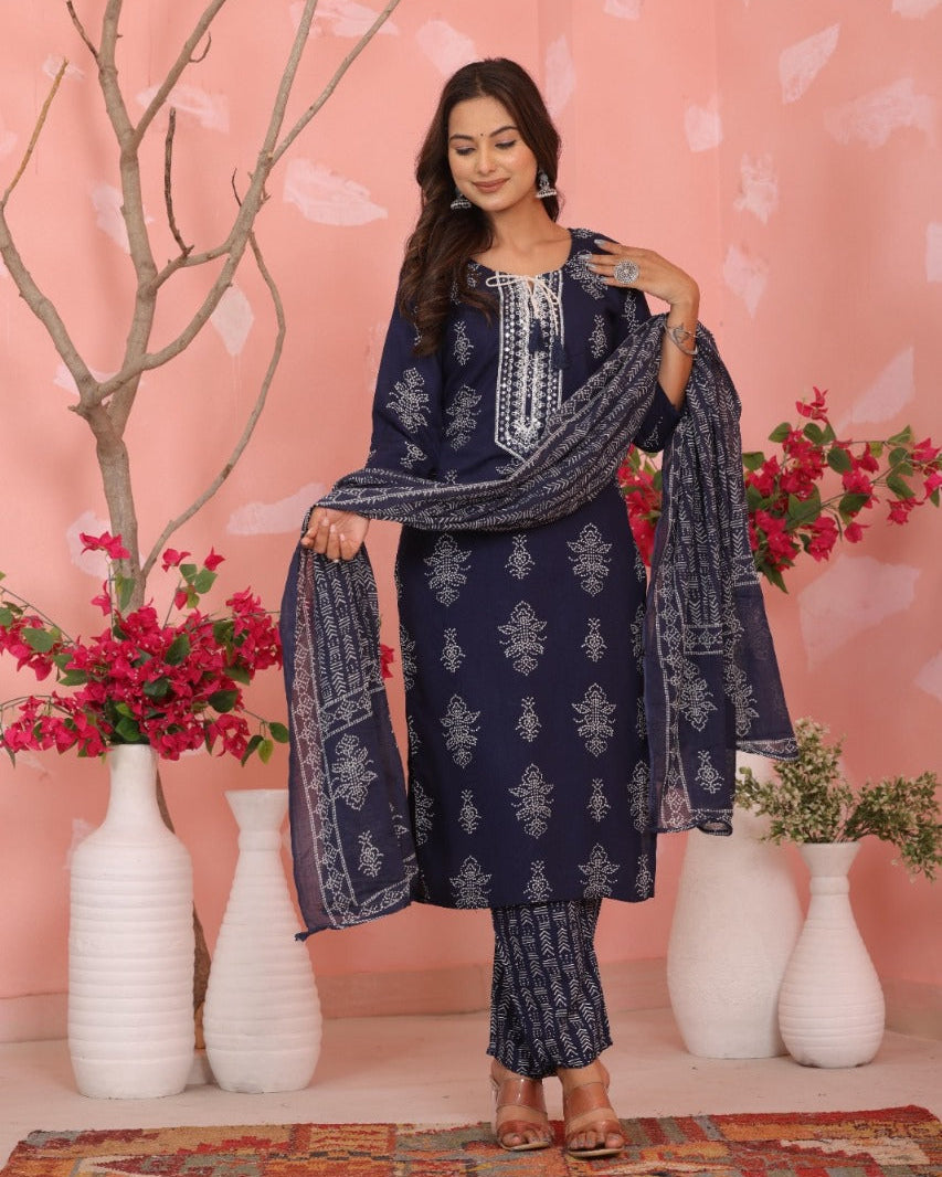 Elegant Pure Cotton Dress Set with Dupatta & Pant – Breathable & Stylish (Black)