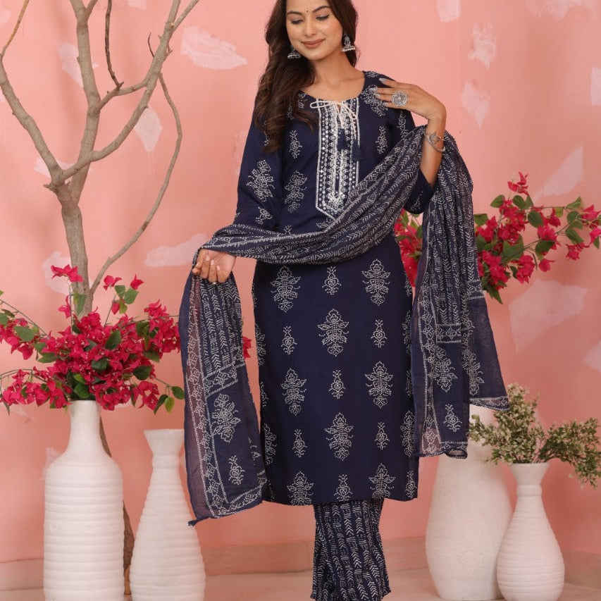 Elegant Pure Cotton Dress Set with Dupatta & Pant – Breathable & Stylish (Black)