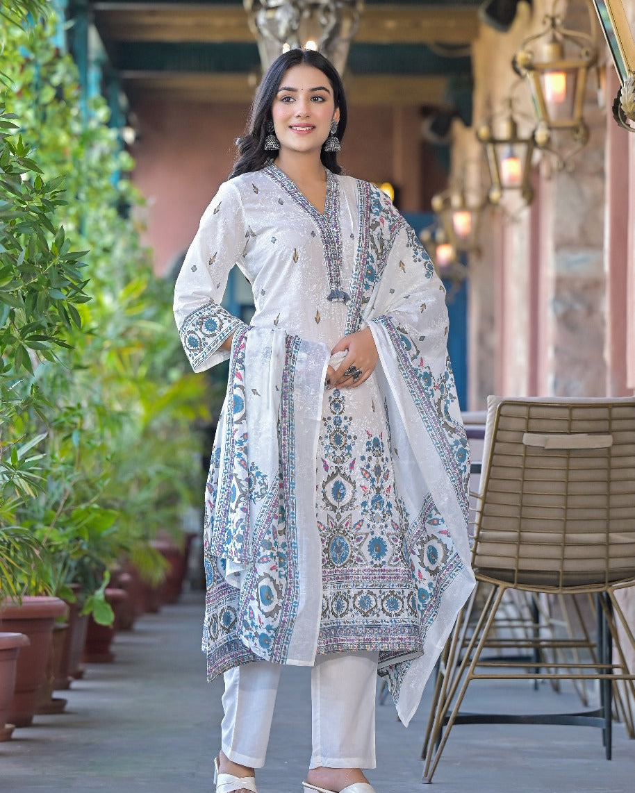 Elegant Pure Cotton Dress Set with Dupatta & Pant – Breathable & Stylish (Blue)