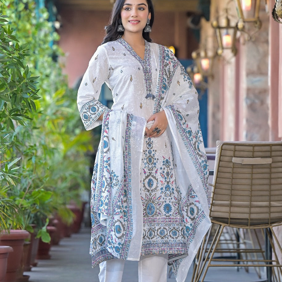 Elegant Pure Cotton Dress Set with Dupatta & Pant – Breathable & Stylish (Blue)