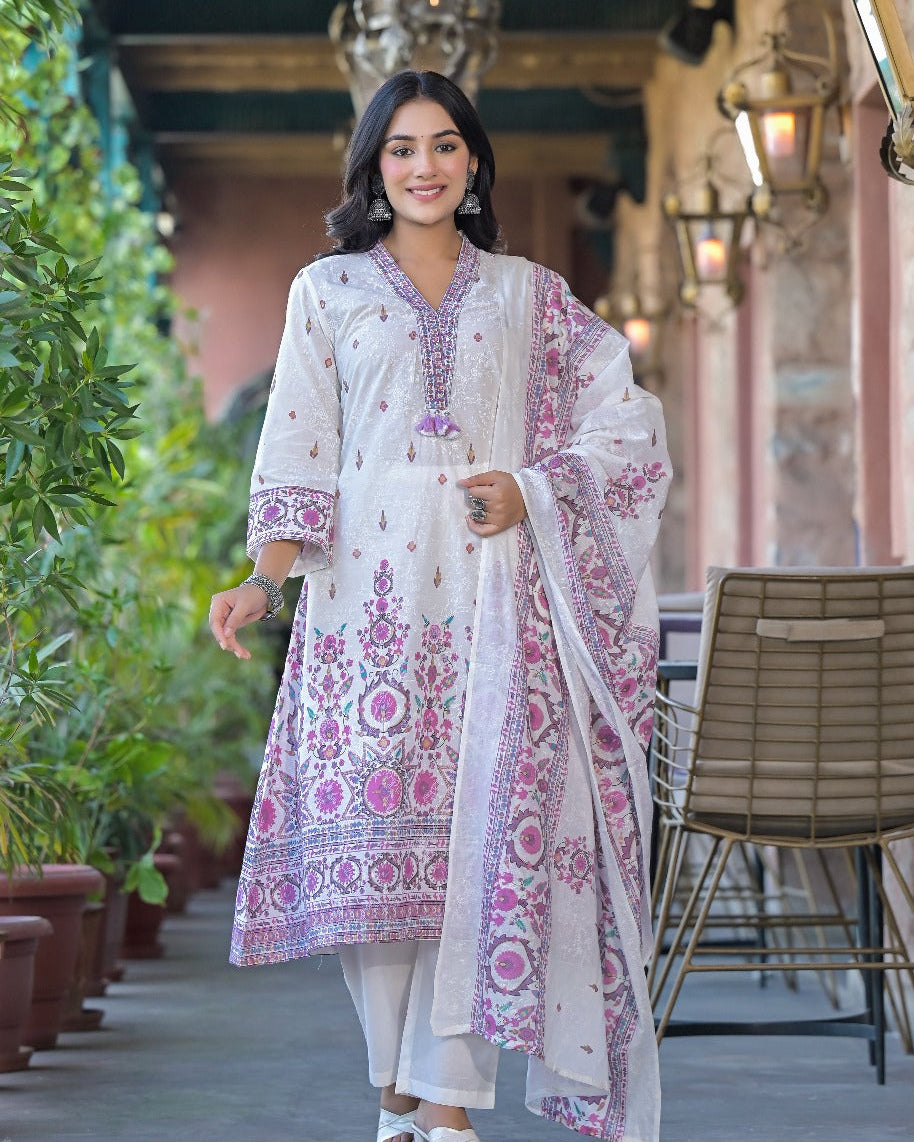 Elegant Pure Cotton Dress Set with Dupatta & Pant – Breathable & Stylish (Pink)