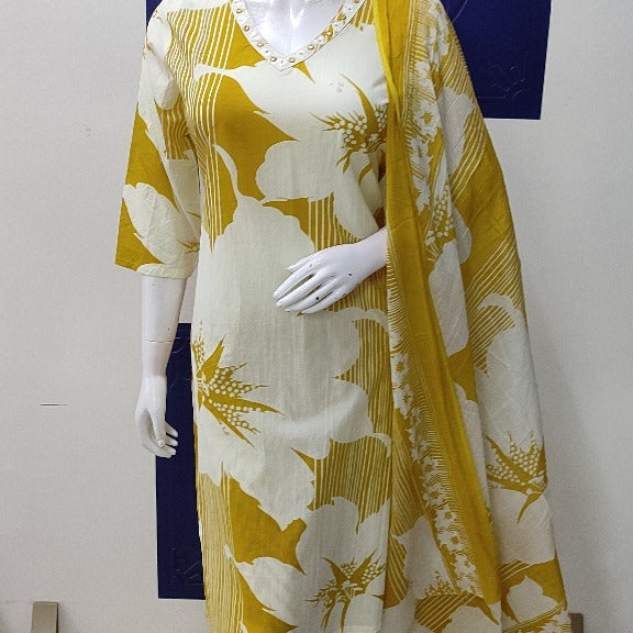 Elegant Pure Cotton Dress Set with Dupatta & Pant – Breathable & Stylish (Yellow)