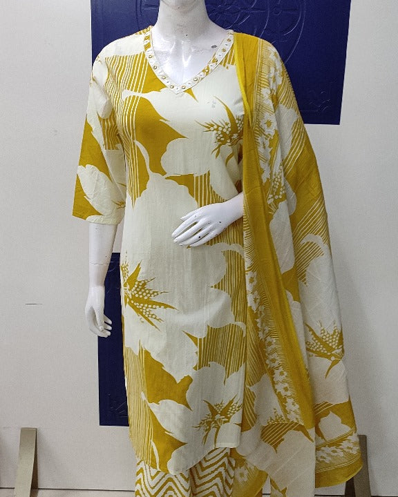 Elegant Pure Cotton Dress Set with Dupatta & Pant – Breathable & Stylish (Yellow)