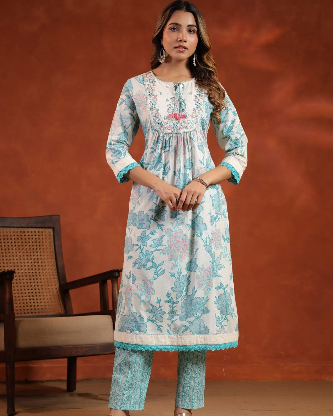 Elegant Pure Cotton Anarkali Dress Set with Dupatta & Pant Blue