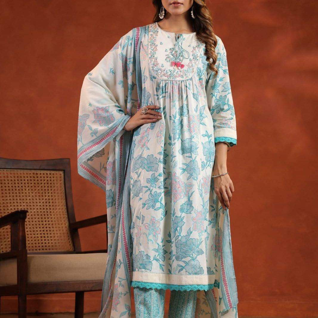 Elegant Pure Cotton Anarkali Dress Set with Dupatta & Pant Blue