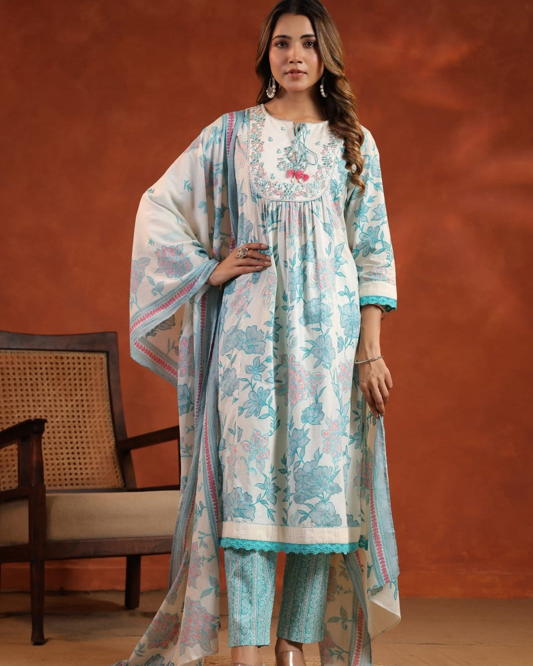 Elegant Pure Cotton Anarkali Dress Set with Dupatta & Pant Blue