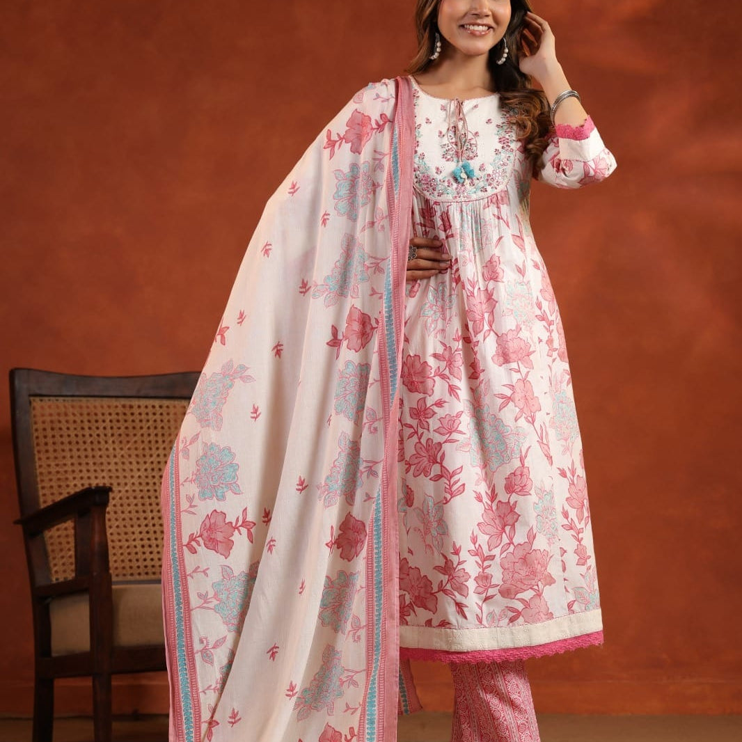 Elegant Pure Cotton Anarkali Dress Set with Dupatta & Pant Pink