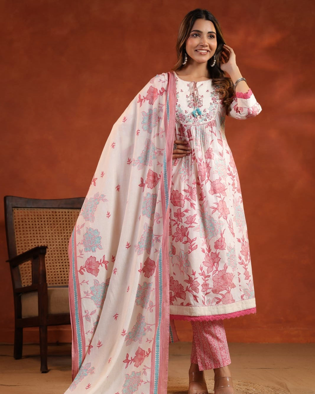 Elegant Pure Cotton Anarkali Dress Set with Dupatta & Pant Pink