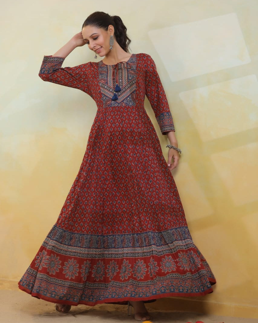Elegant Full-Length Pure Cotton Anarkali Gown Red