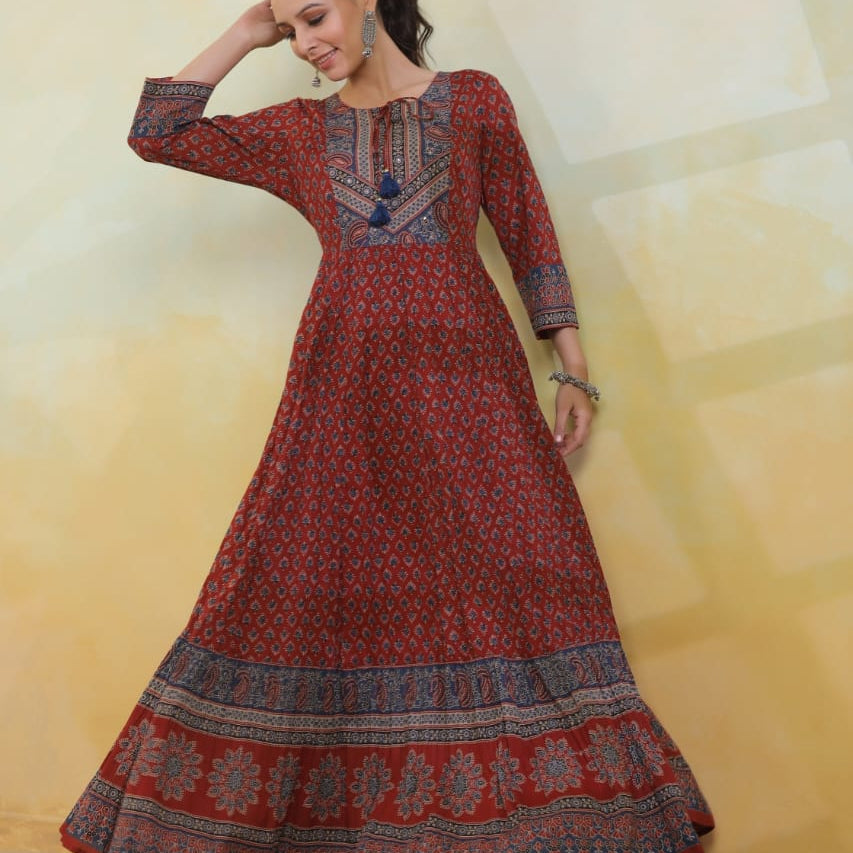 Elegant Full-Length Pure Cotton Anarkali Gown Red