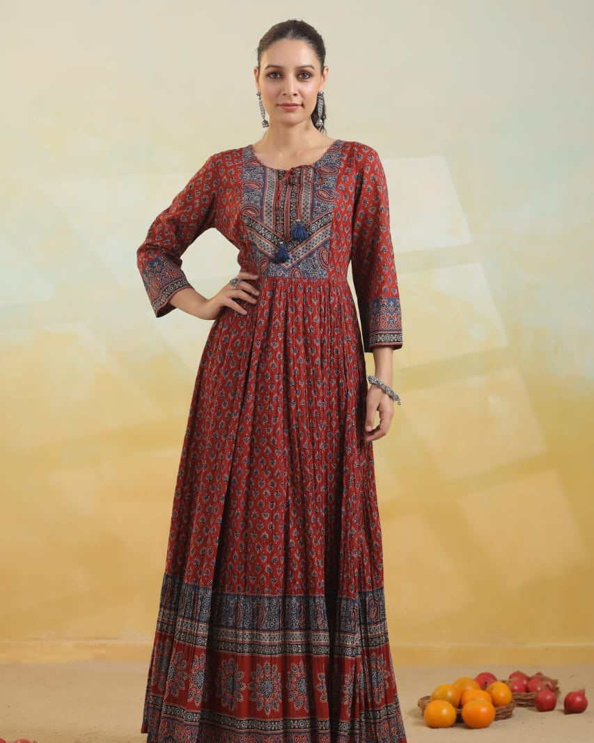 Elegant Full-Length Pure Cotton Anarkali Gown Red