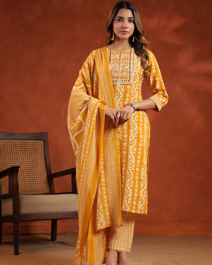 Elegant Pure Cotton Dress Set with Dupatta & Pant – Breathable & Stylish (Yellow)