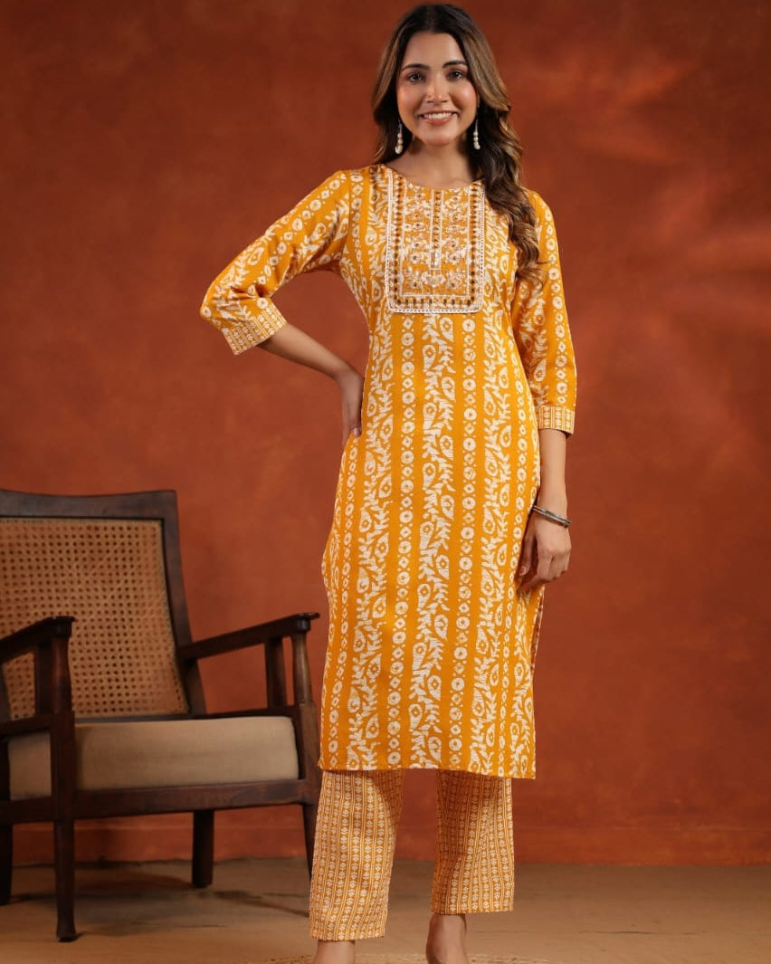 Elegant Pure Cotton Dress Set with Dupatta & Pant – Breathable & Stylish (Yellow)