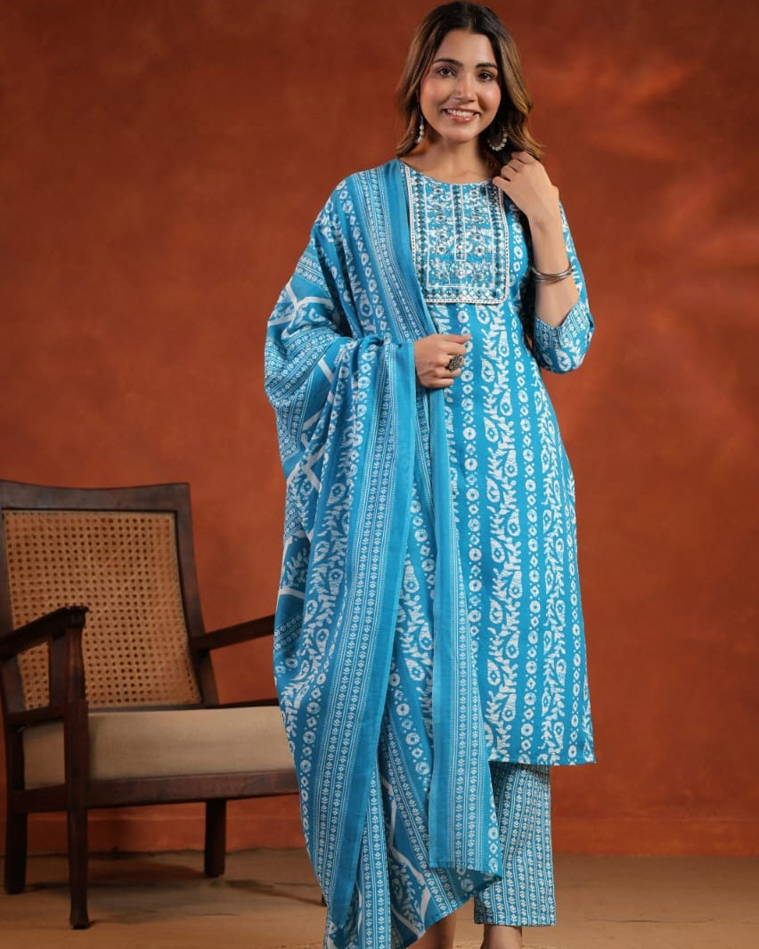 Elegant Pure Cotton Dress Set with Dupatta & Pant – Breathable & Stylish (Blue)