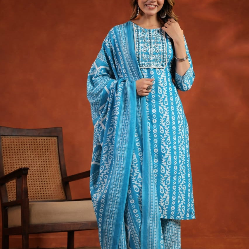 Elegant Pure Cotton Dress Set with Dupatta & Pant – Breathable & Stylish (Blue)
