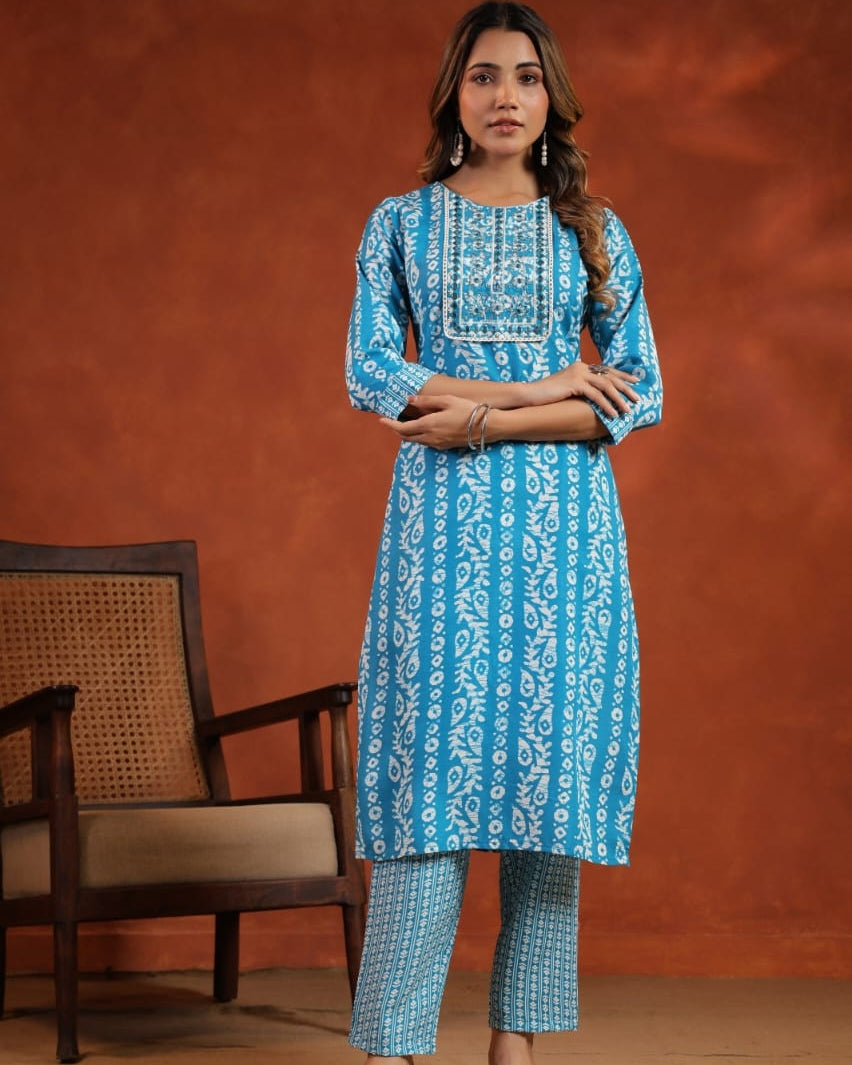 Elegant Pure Cotton Dress Set with Dupatta & Pant – Breathable & Stylish (Blue)